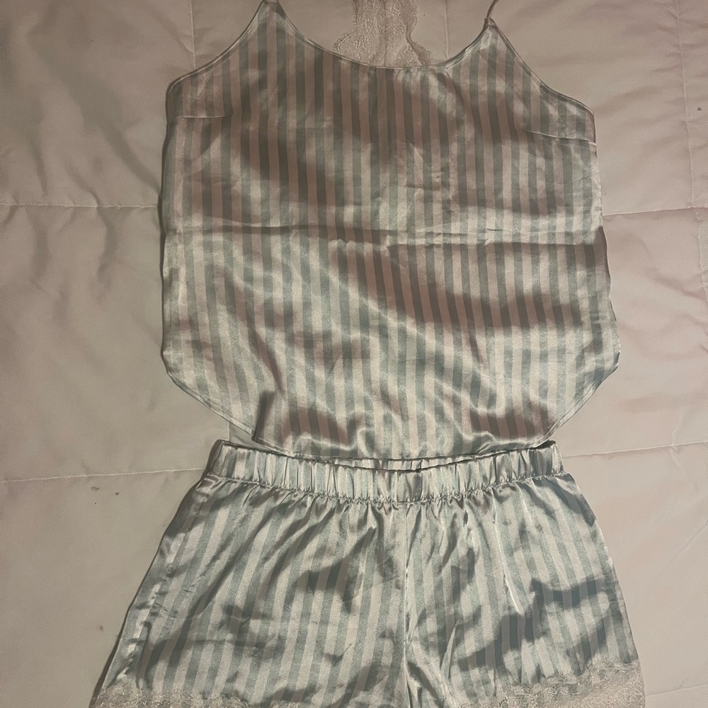 Victoria's Secret Mint and White Striped Satin Pajama Set